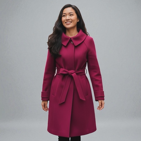Theory Red Wool Belted Coat Jacket Collared Small 1960s Vibes Winter Warm - Picture 1 of 9